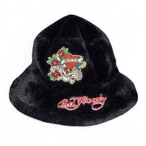 Ed Hardy Faux Fur Embroidered Bucket Hat